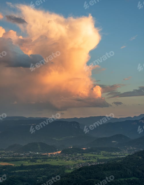 Preview: Vivid Sunset In The Hills With A Great View Over The Valley. Amazing Clouds At Sunset.