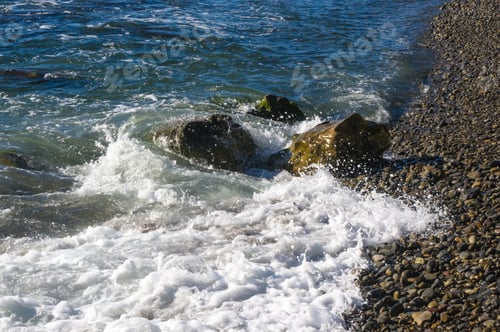 Preview: Rocky Sea Shore With Pebble Beach, Waves With Foam