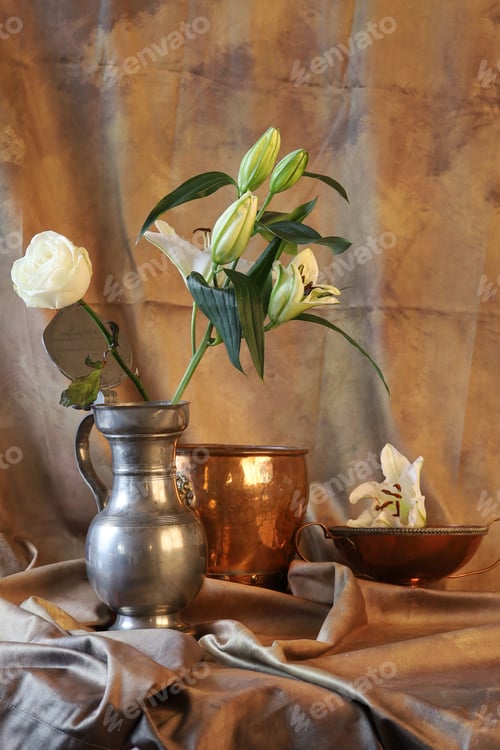 Preview: A Still Life Composition Containing An Fallow Deer Antler, Rose And Lily Flowers