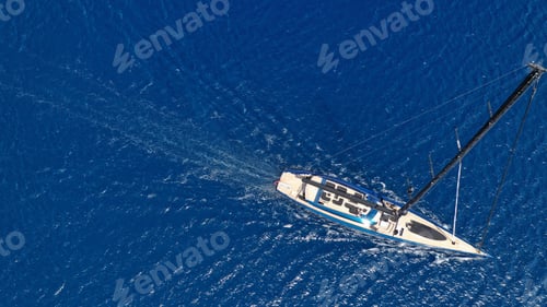 Preview: Aerial Photo Of Beautiful Wooden Deck Sail Boat Cruising The Aegean Blue Sea, Greece
