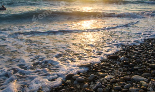 Preview: Amazing Sea Sunset On The Pebble Beach, The Sun, Waves, Clouds