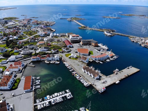 Preview: Norway Karmoy Island Drone View. Akrehamn Harbor Town Aerial View.