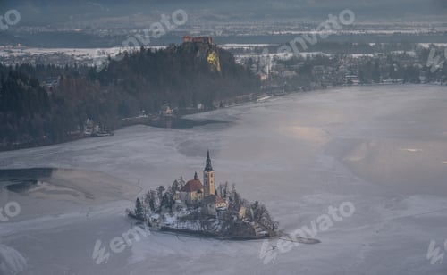 Preview: Beautiful Lake Bled In Winter With The Lake Frozen.