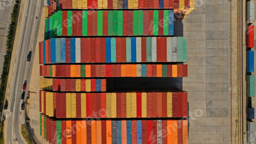 Preview: Aerial Drone Top Down Photo Of Colourful Containers Parked In Mediterranean Container Terminal