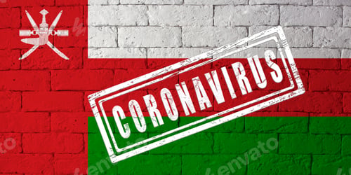 Preview: Flag Of The Oman With Original Proportions. Stamped Of Coronavirus. Brick Wall Texture. Corona