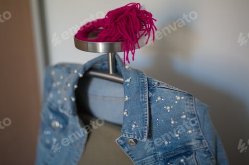 Preview: Pearl-Studded Denim Jacket with Pink Knitted Decoration