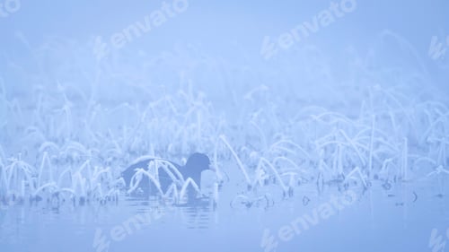 Preview: Frozen Lake And Black Bird. Winter Nature Background. Bird: Eurasian Coot. Fulica Atra.