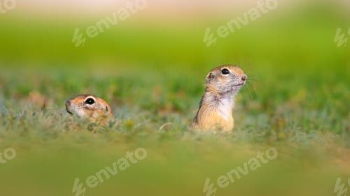 Preview: Cute Funny Animal Ground Squirrel. Green Nature Background.