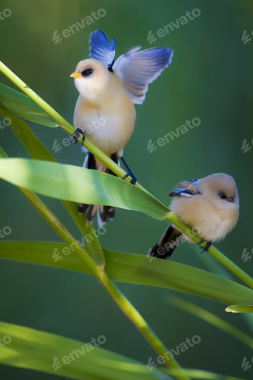 Preview: Cute Bird. Green Nature Background. Bearded Reedling / Panurus Biarmicus