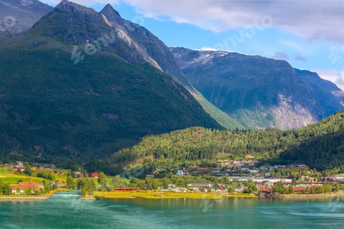 Preview: Norwegian Village Landscape With Fjord, High Mountains And Colorful Houses In Olden, Norway
