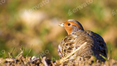 Preview: Partridge. Warm Colors Nature Background. Grey Partridge. Perdix Perdix.