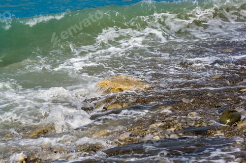 Preview: Pebble Stones On The Sea Beach, The Rolling Waves Of The Sea With Foam