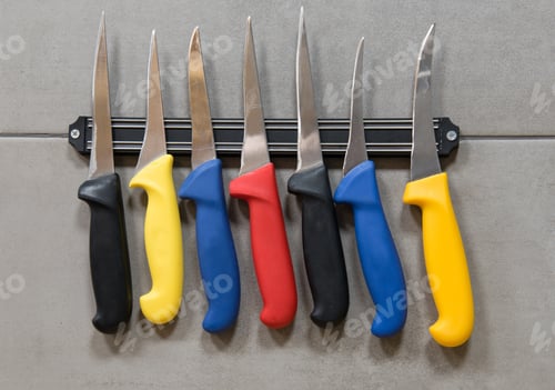 Preview: Butchers Colorful Razor Sharp Steel Knives Hanging On The Wall
