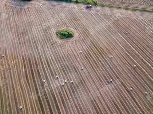 Preview: Aerial: Stubble Field With Straw Bales At Late Summer. Polish Landscape From Drone.