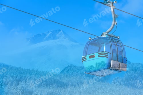 Preview: Winter Travel Ski Resort Background With Cable Car Cabin, Ski Slopes, Snow Mountain Peak