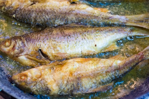 Preview: Fried River Fish With Crispy Crust In A Frying Pan, Homemade Dish, Close Up