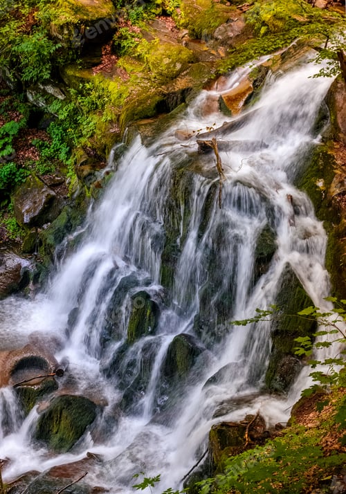Preview: Beautiful Waterfall Shypot Comes Out Of A Rocky Hillside In Forest. Spectacular Landscape On