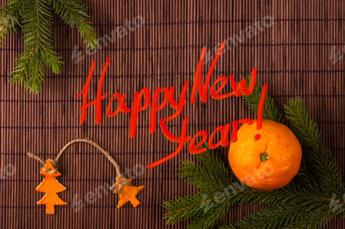 Preview: New Year Concept Postcard. Christmas Decorations Hand Made From Tangerine Peel And Fir-Tree
