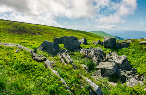 Preview: Huge Rocky Formations On The Grassy Hills. Beautiful Mountain Landscape In Late Summer On A Cloudy