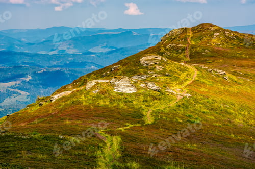 Preview: Path Through The Grassy Meadows On Top Of Mountain Ridge. Classic Late Summer Travel Background In