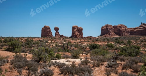 Preview: Desert Landscape Of Utah, Usa. Weathered Rocks And Desert Bushes. Utah Tourist Attractions
