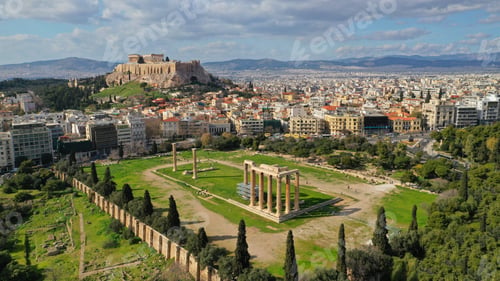 Preview: Aerial Drone Photo Of Famous Column Ruins Of Temple Of Zeus In The Slopes Of Acropolis Hill And The