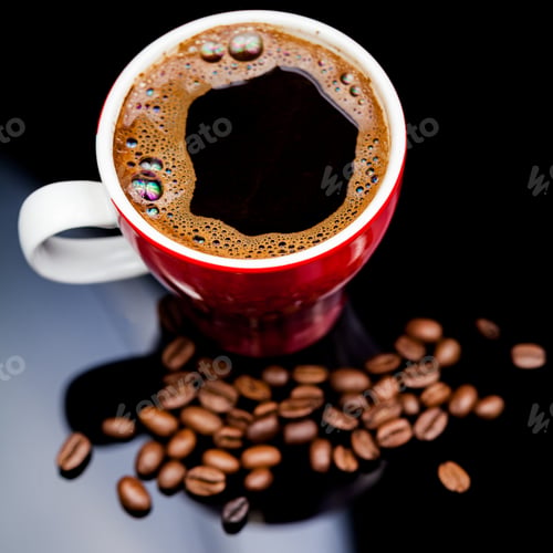 Preview: Red Cup Of Coffee With Coffee Beans And Dark Background