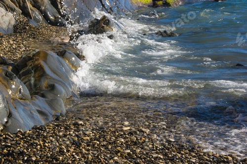 Preview: Rocky Sea Shore With Pebble Beach, Waves With Foam