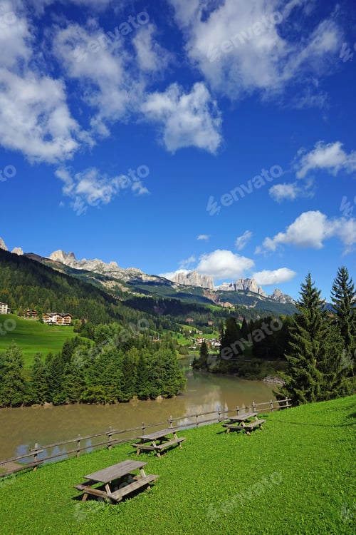 Preview: Looking Towards The Alpine Village Of Ortisei With The Distant View Of The Dolomites, Northern Italy