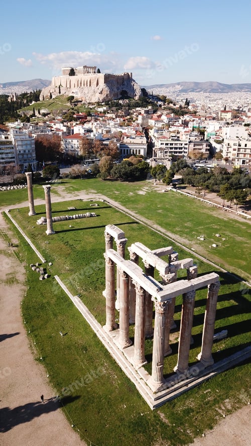 Preview: Aerial Drone Photo Of Iconic Pillars Of Temple Of Olympian Zeus And World Famous Acropolis Hill