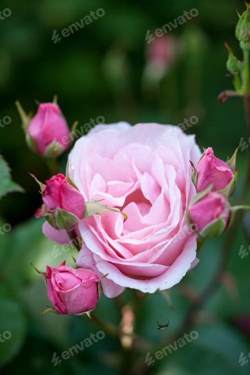 Preview: Pink Rose Surrounded by Buds in Garden