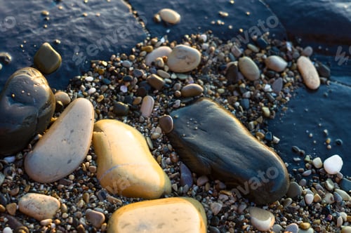 Preview: Pebble Stones On The Sea Beach, The Rolling Waves Of The Sea With Foam