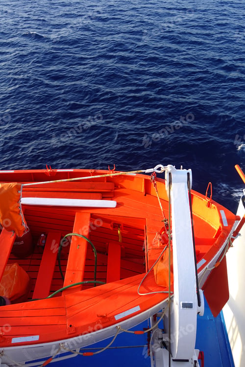 Preview: Photo From Red Liferaft As Seen In Passenger Ship Cruising The Deep Blue Aegean Sea