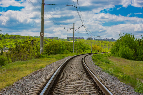 Preview: Ladndscape With Railway Road Turn Under Nice Clouds In Sky