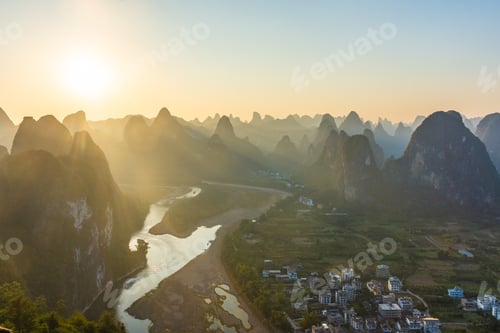 Preview: Amazing Sunset Over The Karst Landscape Of Xingping, Guilin, China