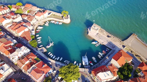 Preview: Aerial Birds Eye View Photo Taken By Drone Of Picturesque Port Of Nafpaktos, Aitoloakarnania, Greece