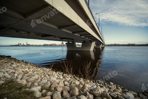 Preview: Metal Concrete Stone Bridge With Rails Over The River