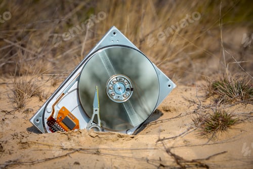 Preview: Abstract Broken Computer Hard Drive In The Sand