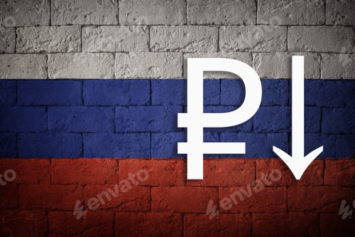Vista previa: Symbolic Depreciation Of The National Currency Ruble Against Of The Country Flag Of Russia. Concept