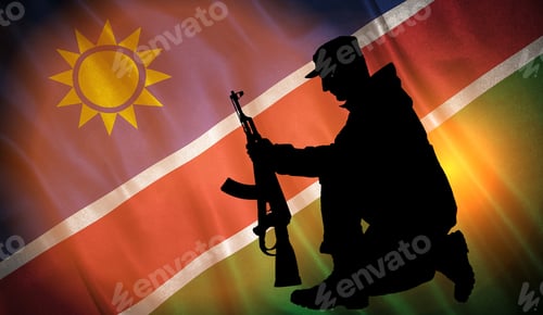 Preview: Flag With Original . Flag Of The Namibia With The Silhouette Of A Soldier With A Gun