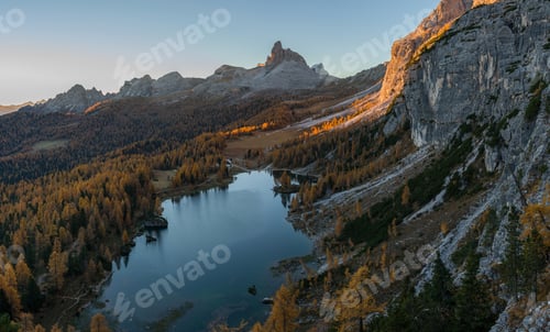 Preview: Amazing Autumn Scenery In The Dolomites Mountains At Lake Federa.