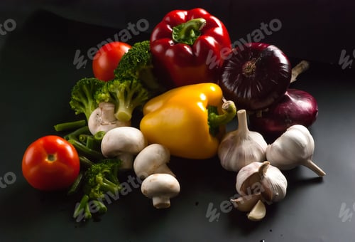 Preview: Still Life - Set Of Pizza On Black Background - Mushrooms, Champignons, Cauliflower, Broccoli