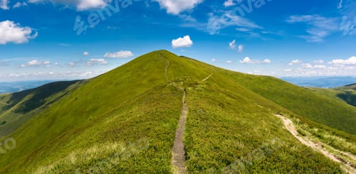 Preview: Footpath Through Grassy Peak Of Mountain Ridge. Gorgeous Panorama Of Summer Landscape With Fine