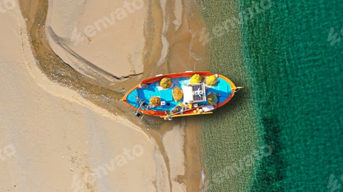 Preview: Aerial Drone Top Down Photo Of Traditional Fishing Boat Near Famous Beach Of Vagia, Serifos Island