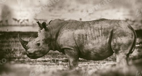 Preview: Vintage Style Black And White Image Of A White Rhinoceros Or (Ceratotherium Simum) In Lake Nakuru