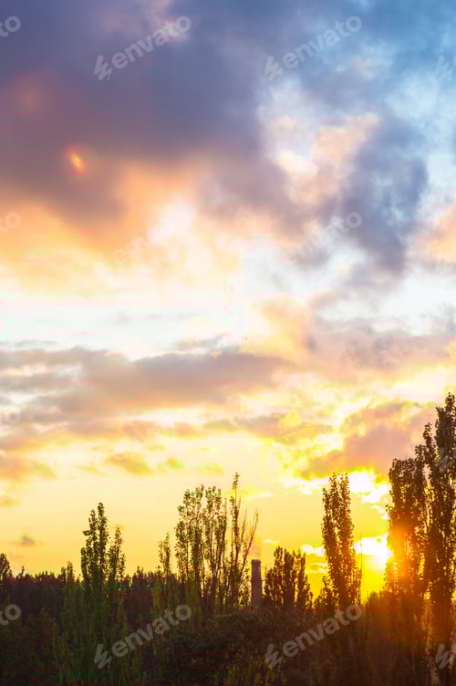 Preview: Landscape With Dramatic Light - Beautiful Golden Sunset With Saturated Sky And Clouds.