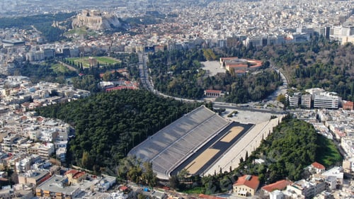 Preview: Aerial Drone Photo Of Iconic Ancient Panathenaic Stadium Or Kalimarmaro As Seen From Distance And