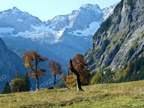 Preview: Golden October Landscape At Famous Ahornboden Valley With View To Karwendel Mountains, Austria