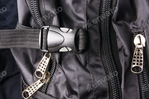 Preview: Closeup Of Buckles, Clasps, Zippers, Pockets, Fasteners, Fittings And Seams In The Black Backpack