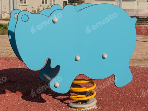 Preview: Bouncy Colorful Spring Playground Equipment In Public Park, Plastic Hippopotamus On Springs